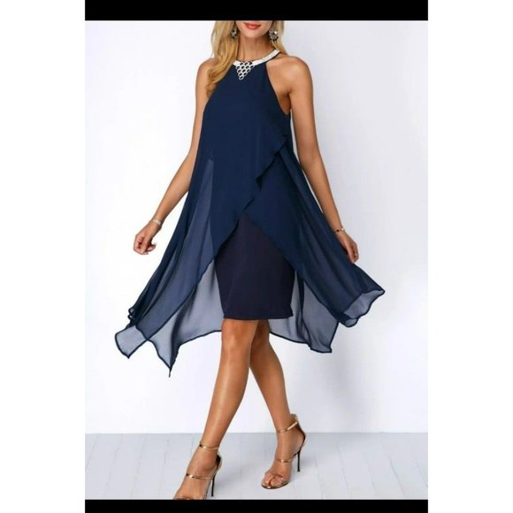 Imperfect Navy Halter top overlay Chiffon Dress with Embellishment size L - Picture 8 of 9